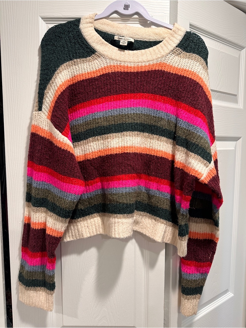 American Eagle Multi Color Striped Knit Cropped Sweater Size Large L Retro Boho
